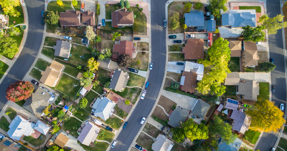 Aerial view of residential neighborhood roofing